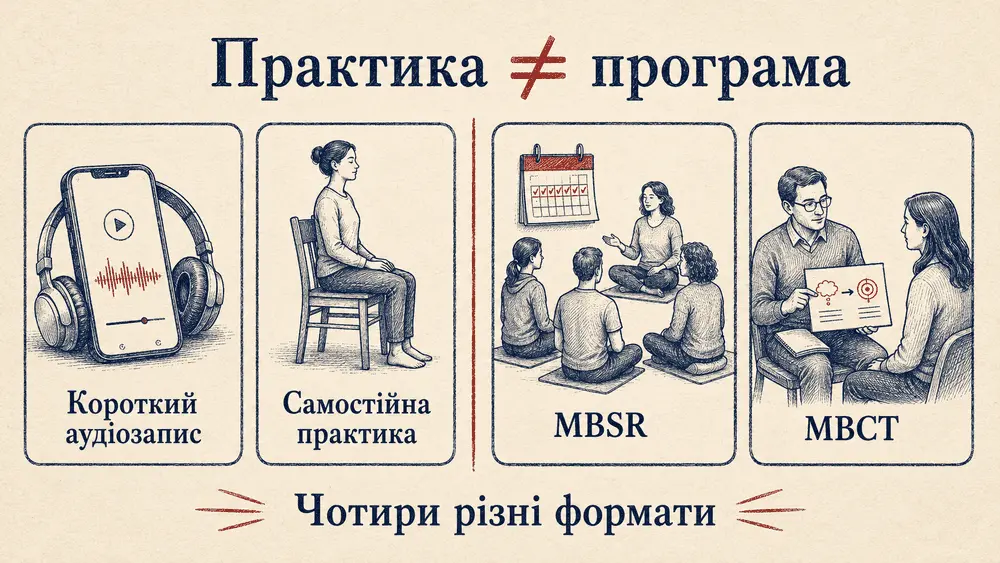 Інфографіка «Практика ≠ програма»: короткий аудіозапис, самостійна медитація, MBSR і MBCT показані як чотири різні формати.