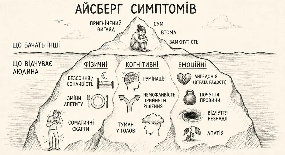 Симптоми деперсії. Емоційні, когнітивні, фізичні