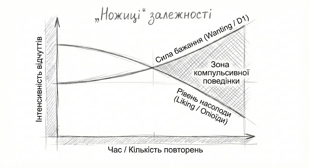 Графік розбіжності між дофаміновою мотивацією (Wanting) та насолодою (Liking). Схема показує, як формується залежність.