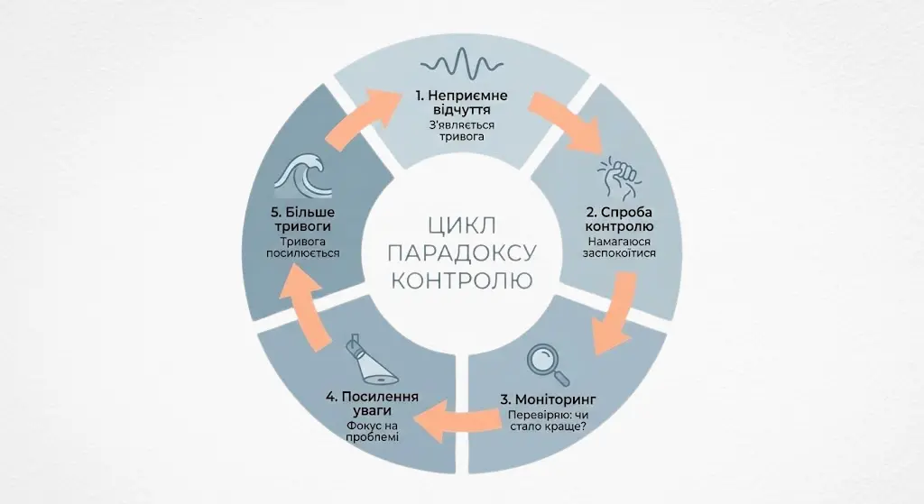 Як спроби контролювати тривогу створюють цикл посилення — парадокс контролю в п'яти етапах