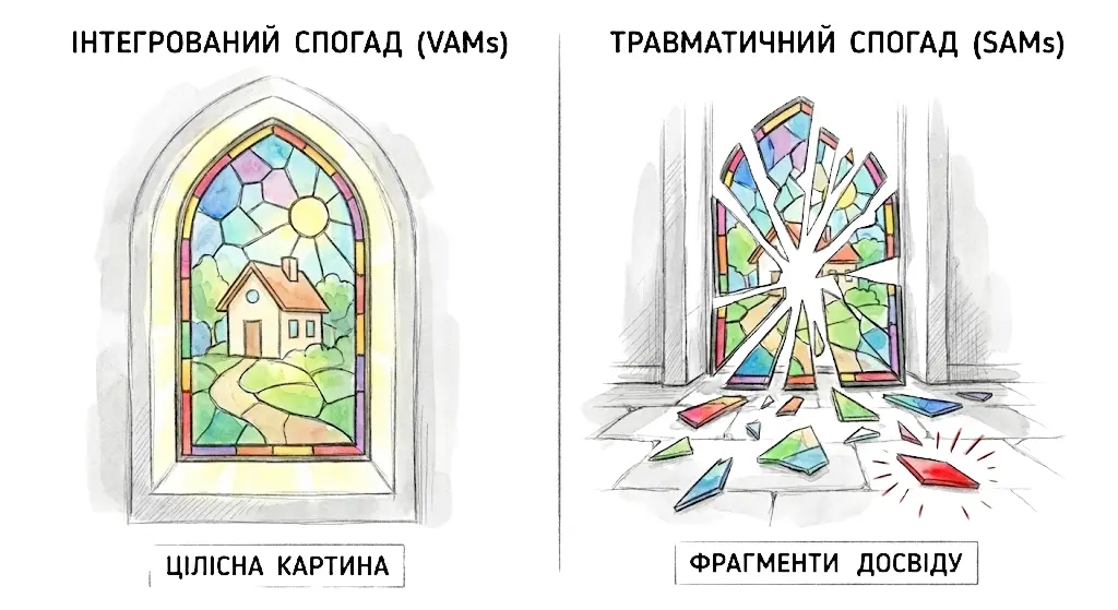 Метафора ПТСР: частково зібраний вітраж і фрагменти скла як образ фрагментованих спогадів після травми»