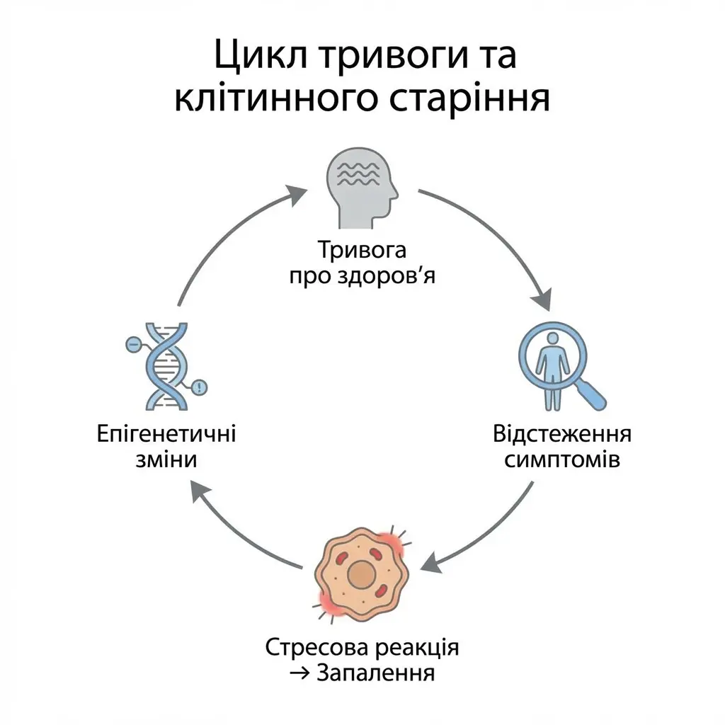 Інфографіка циклу: як тривога про здоров'я призводить до епігенетичного старіння через запалення та стресові реакції