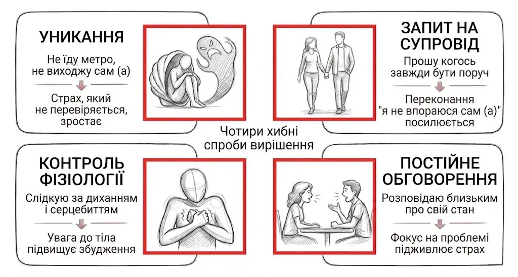Чотири типові спроби впоратися з панічним розладом — уникання, супровід, контроль дихання, обговорення — і чому кожна з них підтримує розлад.