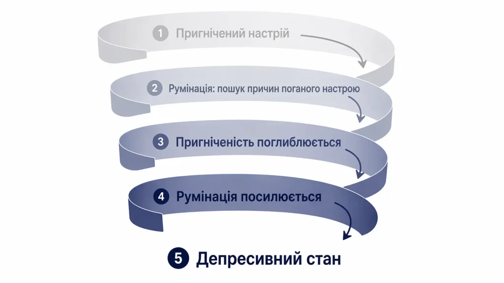 Схема низхідної спіралі румінації від пригніченого настрою через нав'язливі думки до депресивного стану