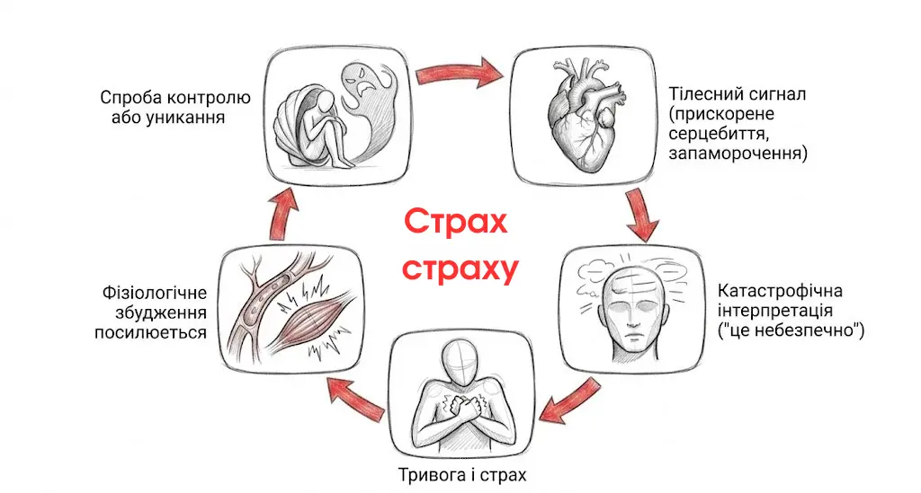 Схема замкненого кола панічного розладу: від тілесного сигналу через страх і уникання назад до нового нападу паніки.