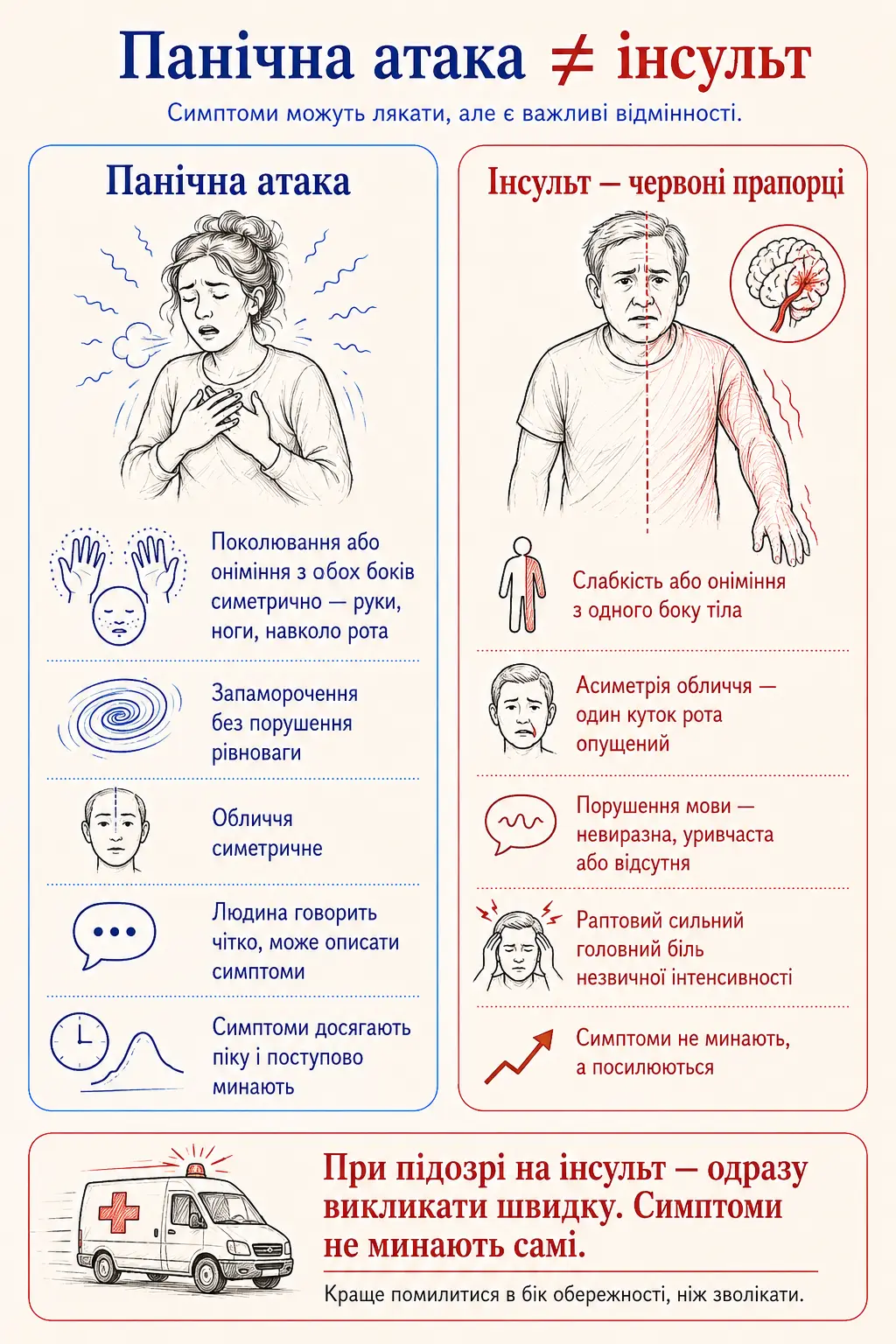 Порівняльна інфографіка «Панічна атака ≠ інсульт»: симптоми, ключові відмінності і рекомендація звернутися по медичну оцінку