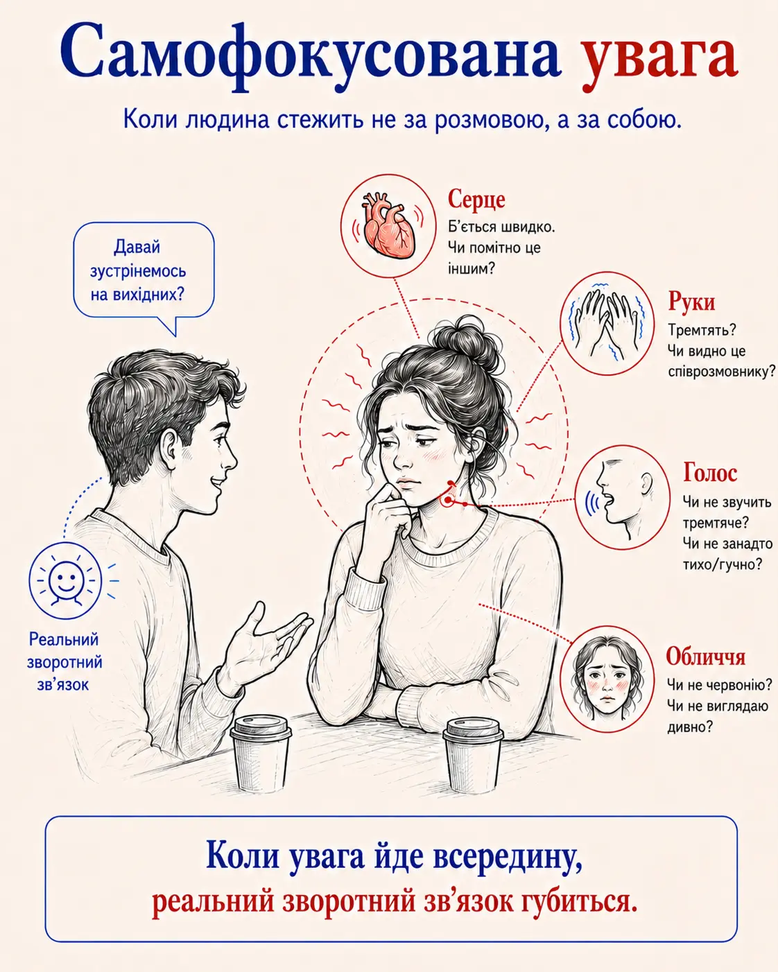 Увага на собі, на своїх думках і тілесних проявах заважає спілкуватися краще і посилює тривогу.
