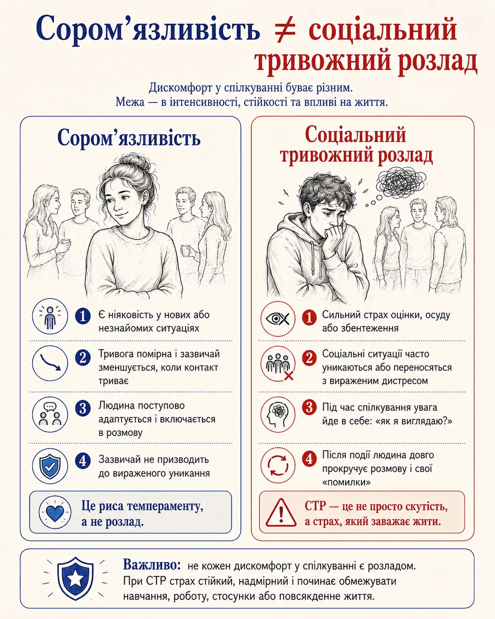 Інфографіка відмінність соціального тривожного розладу від соромʼязливості