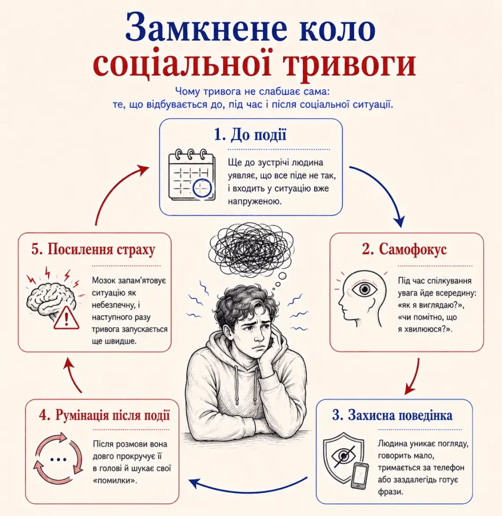 Інфографіка Замкнене коло соціальної тривоги, яка поясню чому проблема не щезає