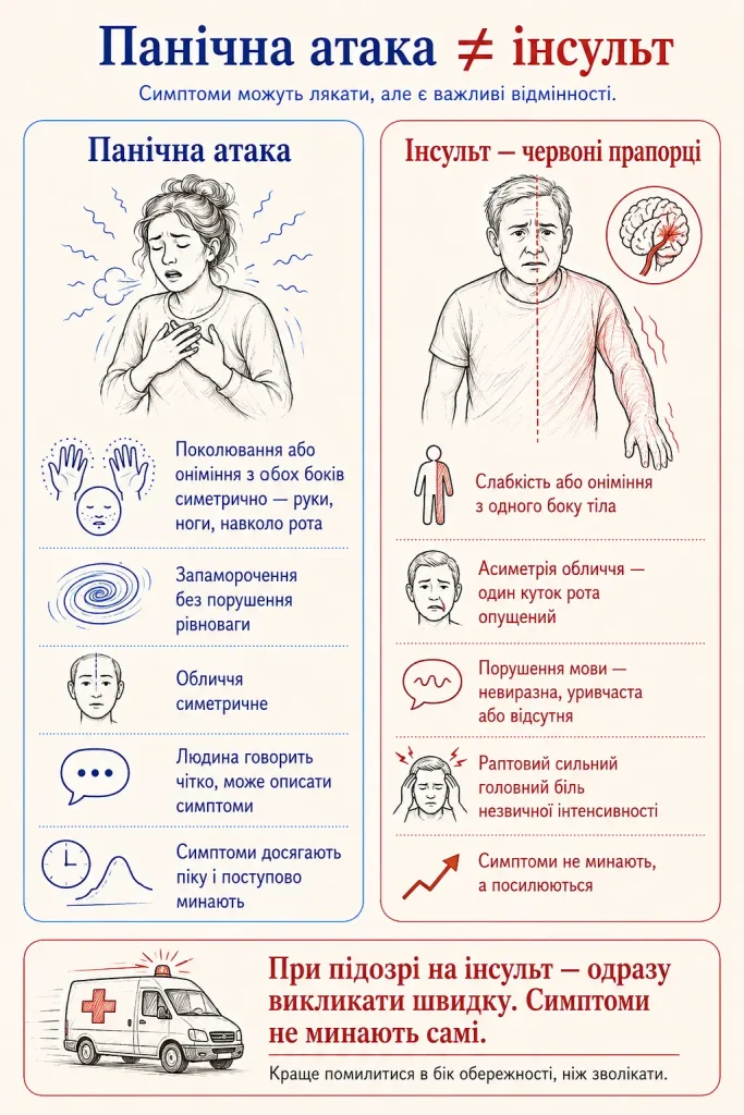 Порівняльна інфографіка «Панічна атака ≠ інсульт»: симптоми, ключові відмінності і рекомендація звернутися по медичну оцінку 