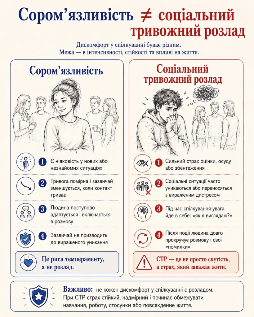 Інфографіка відмінність соціального тривожного розладу від соромʼязливості