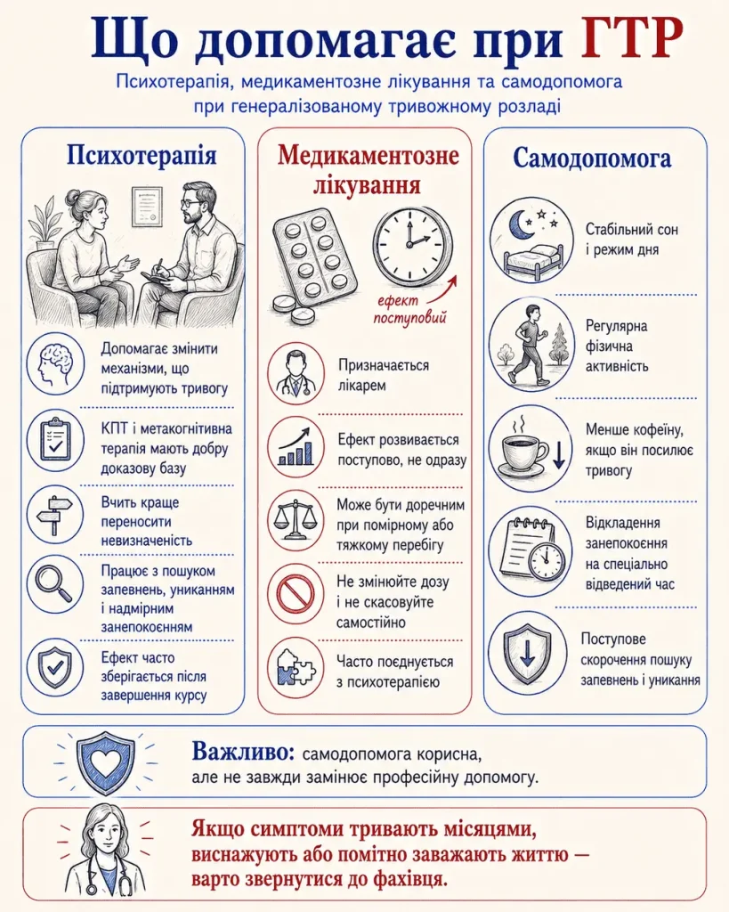 Інфографіка про те, що допомагає при ГТР: психотерапія, медикаментозне лікування за призначенням лікаря та самодопомога — сон, рух, менше кофеїну й відкладення занепокоєння.