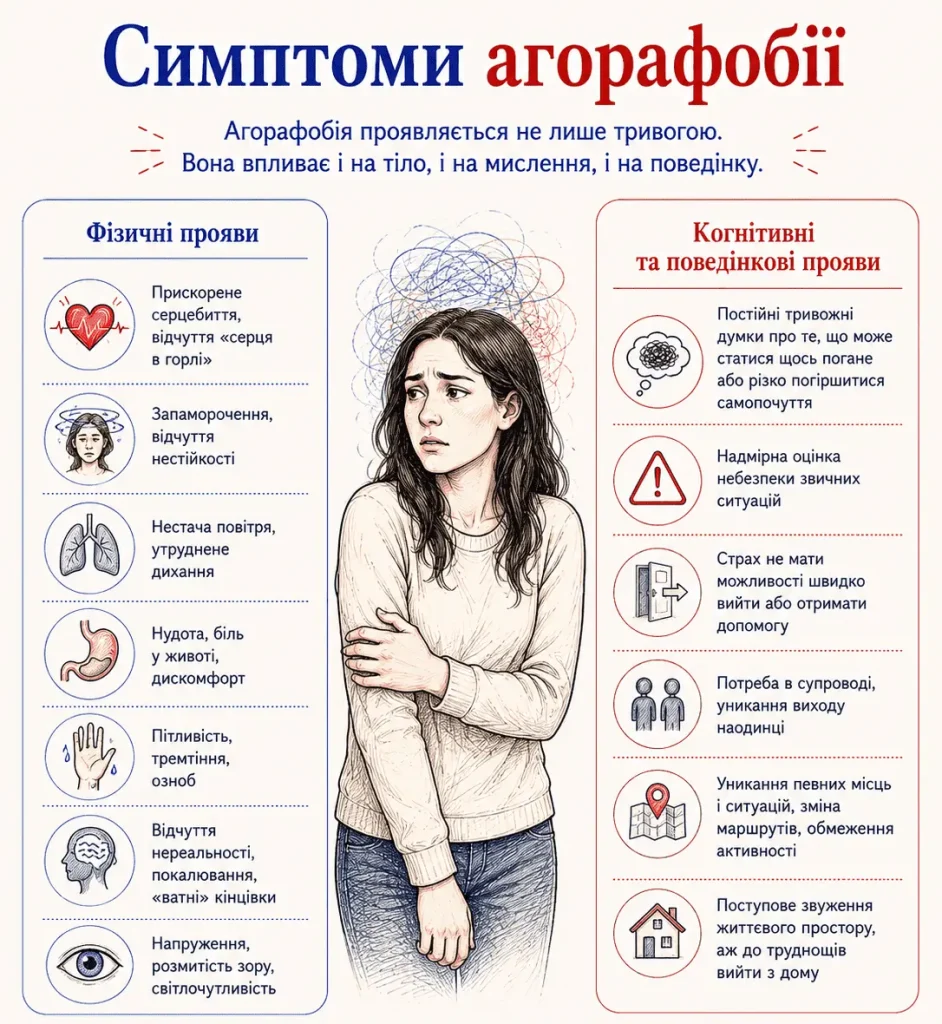 нфографіка показує фізичні, когнітивні та поведінкові симптоми агорафобії