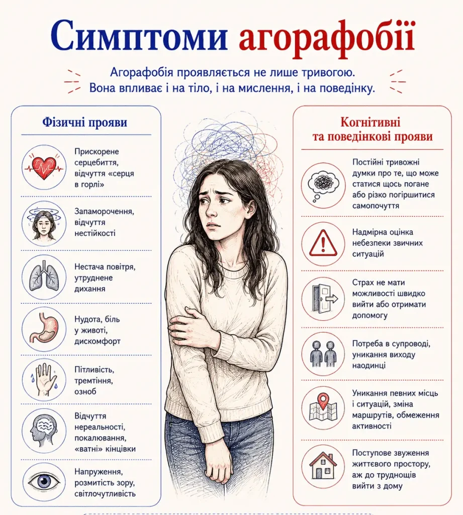Інфографіка показує фізичні, когнітивні та поведінкові симптоми агорафобії