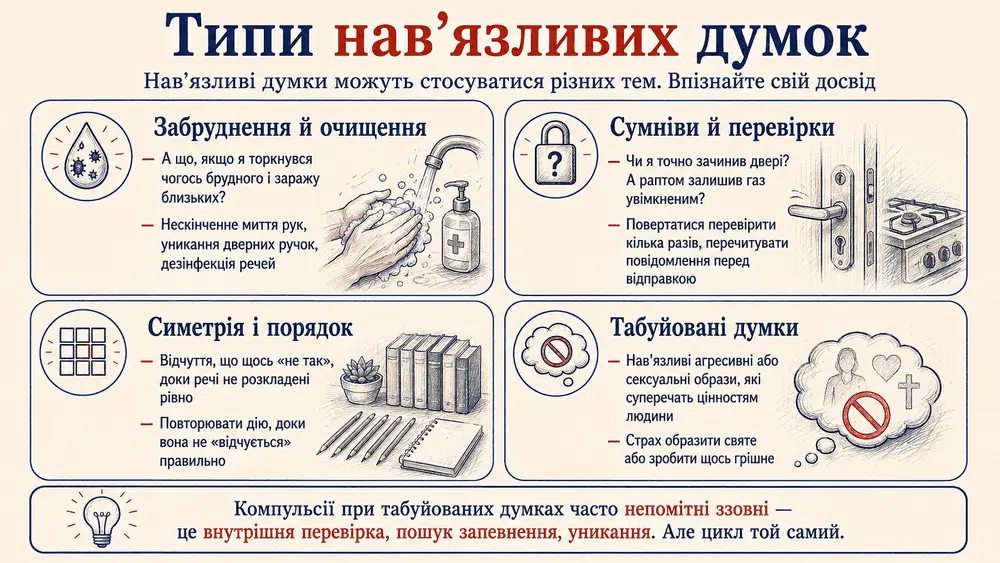 Інфографіка «Типи навʼязливих думок»: чотири кластери обсесій при обсесивно-компульсивному розладі 