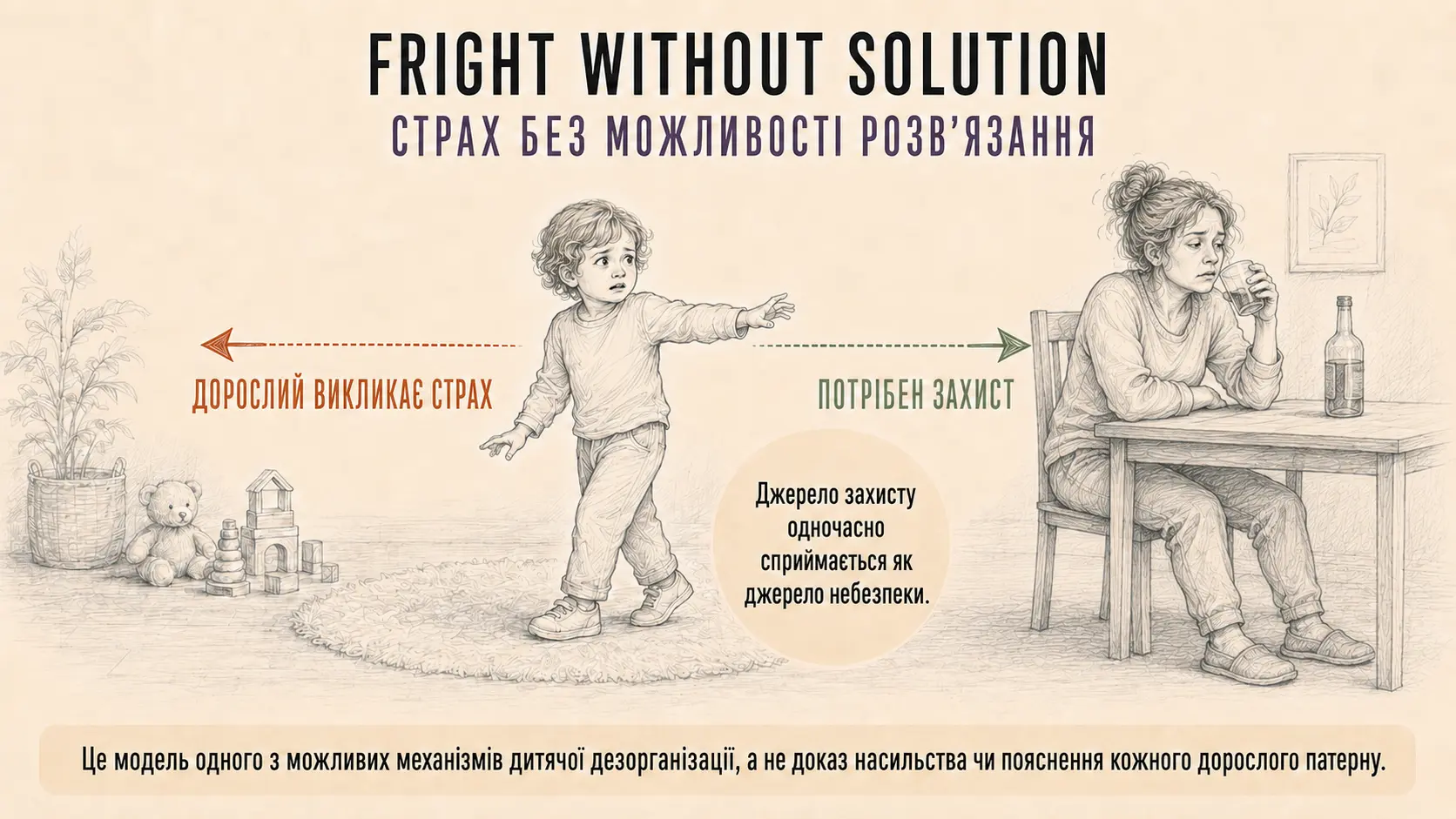 Модель Мейн і Гессе (Mary Main, Erik Hesse) fright without solution, тобто "страху без можливості розв'язання"
