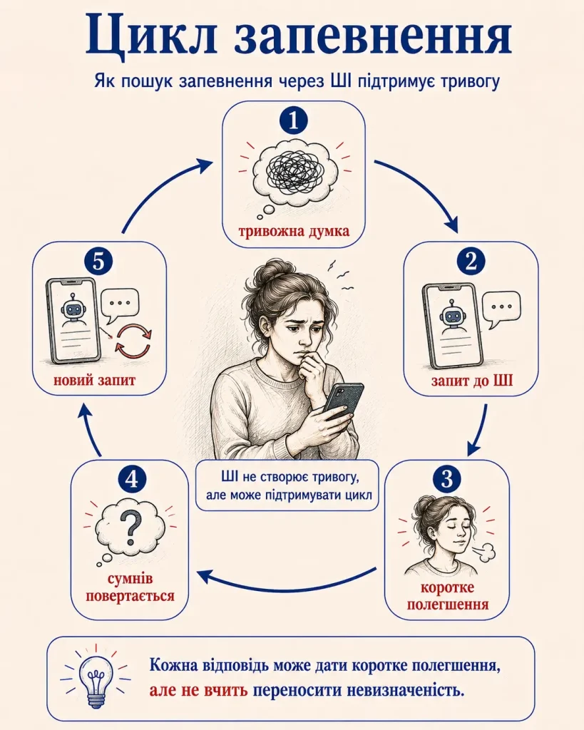 Інфографіка «Цикл запевнення». Кожна відповідь ШІ може дати коротке полегшення, але не вчить переносити невизначеність